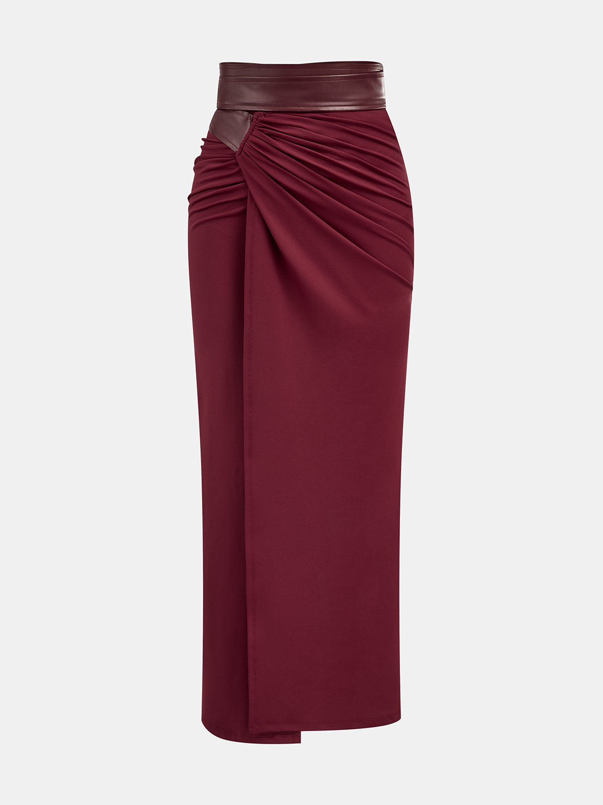 Faux Leather Panel Ruched Midi Skirt-Chicvia