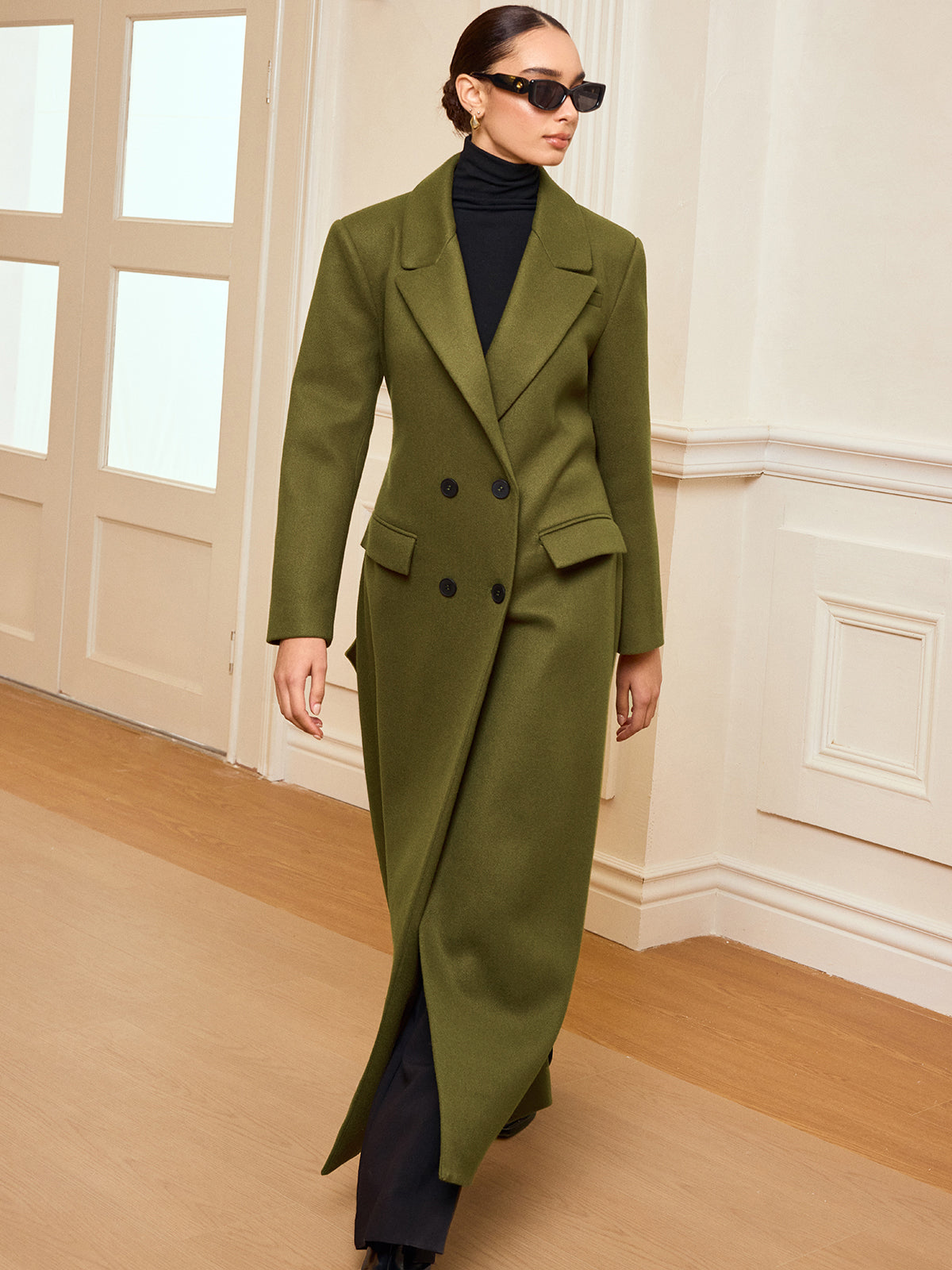 Double-Breasted Belted Long Coat-Chicvia