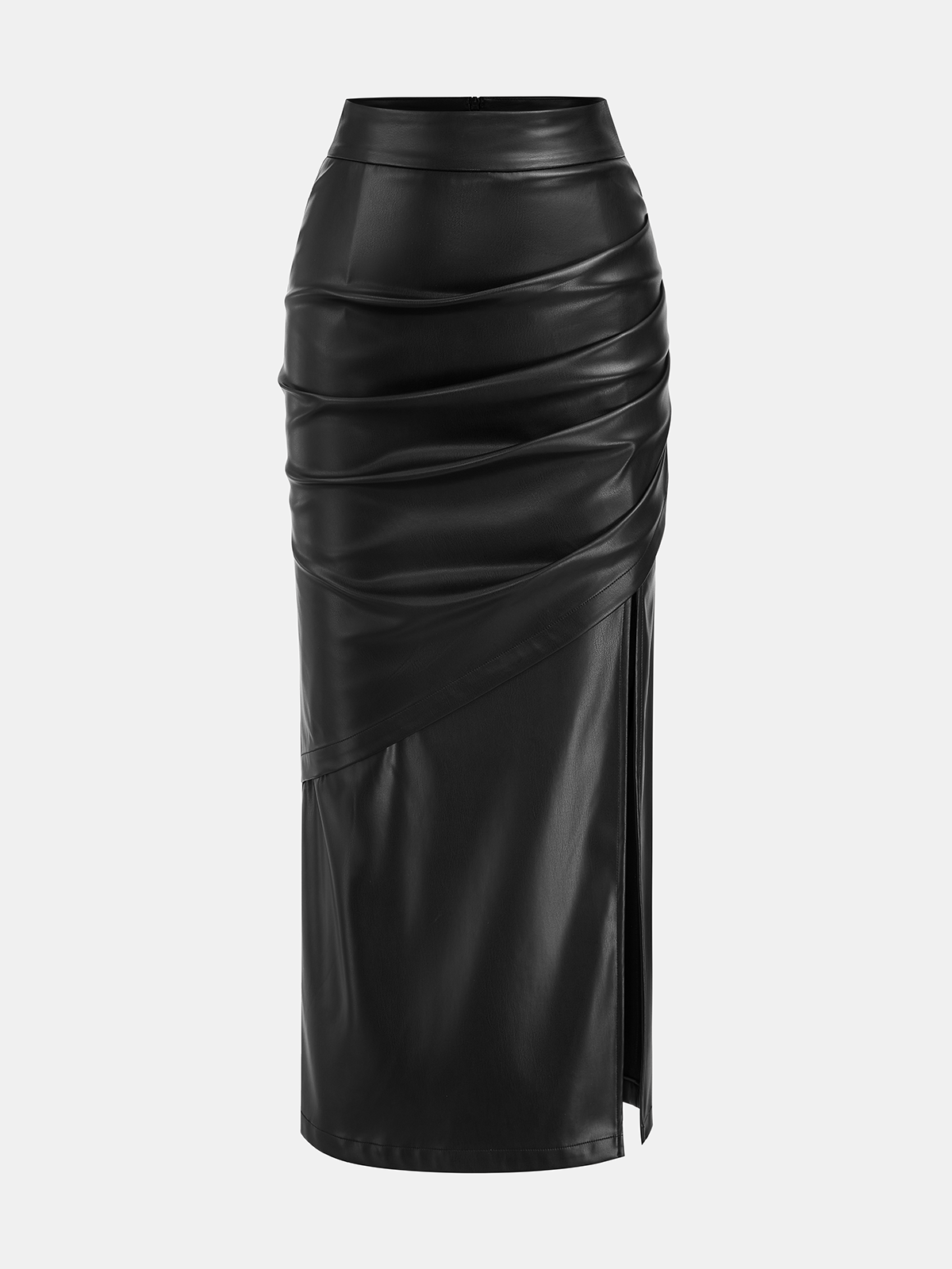 Faux Leather Slit Ruched Maxi Skirt-Chicvia