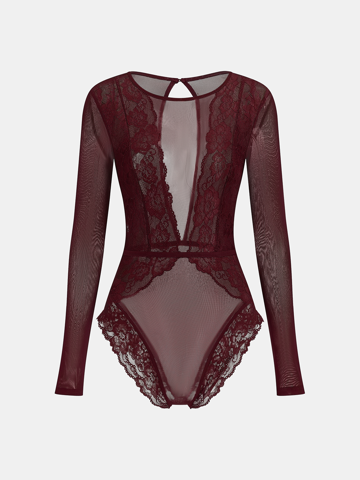 Long Sleeve Sheer Lace Mesh Bodysuit-Chicvia