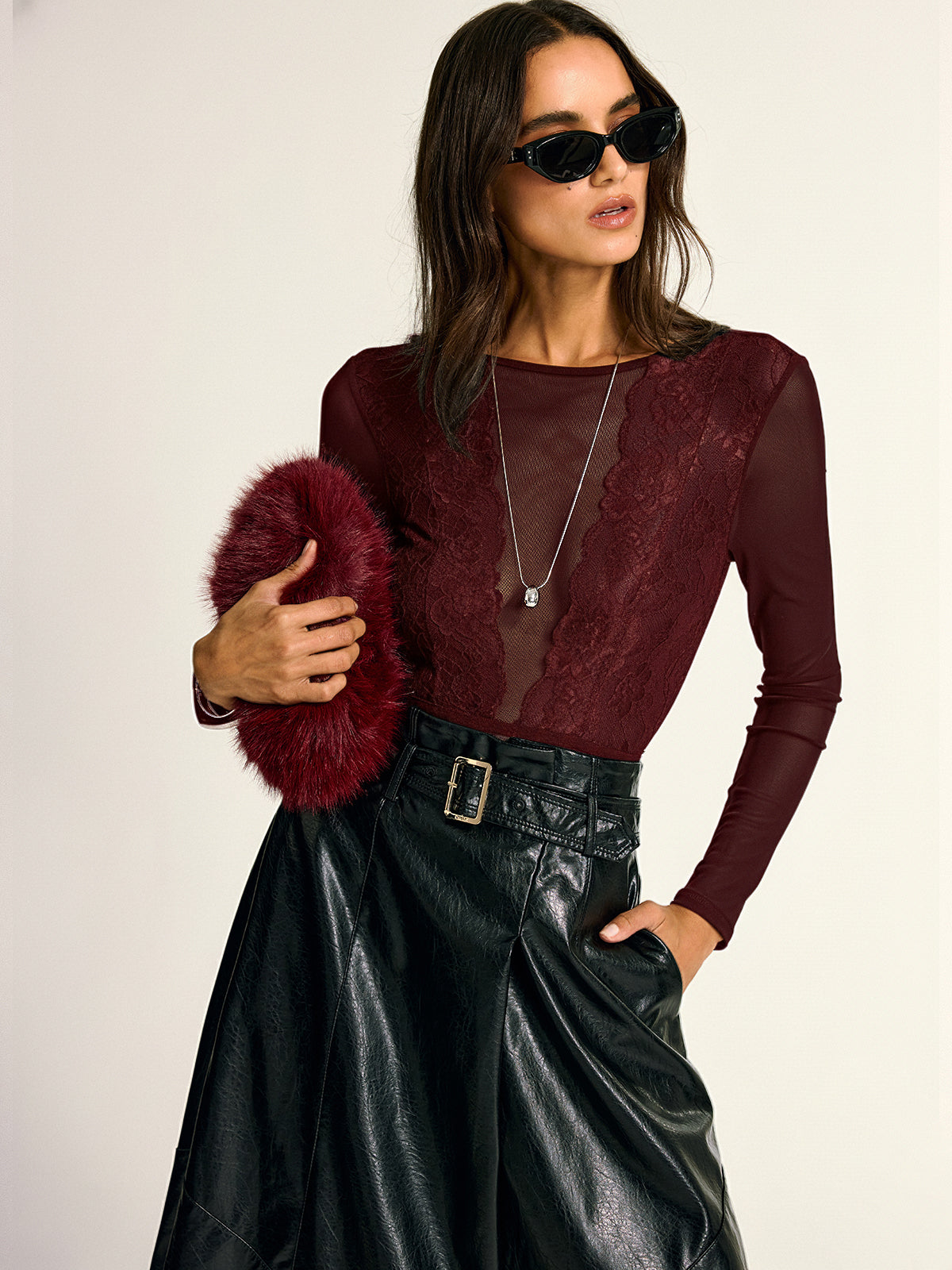 Long Sleeve Sheer Lace Mesh Bodysuit-Chicvia