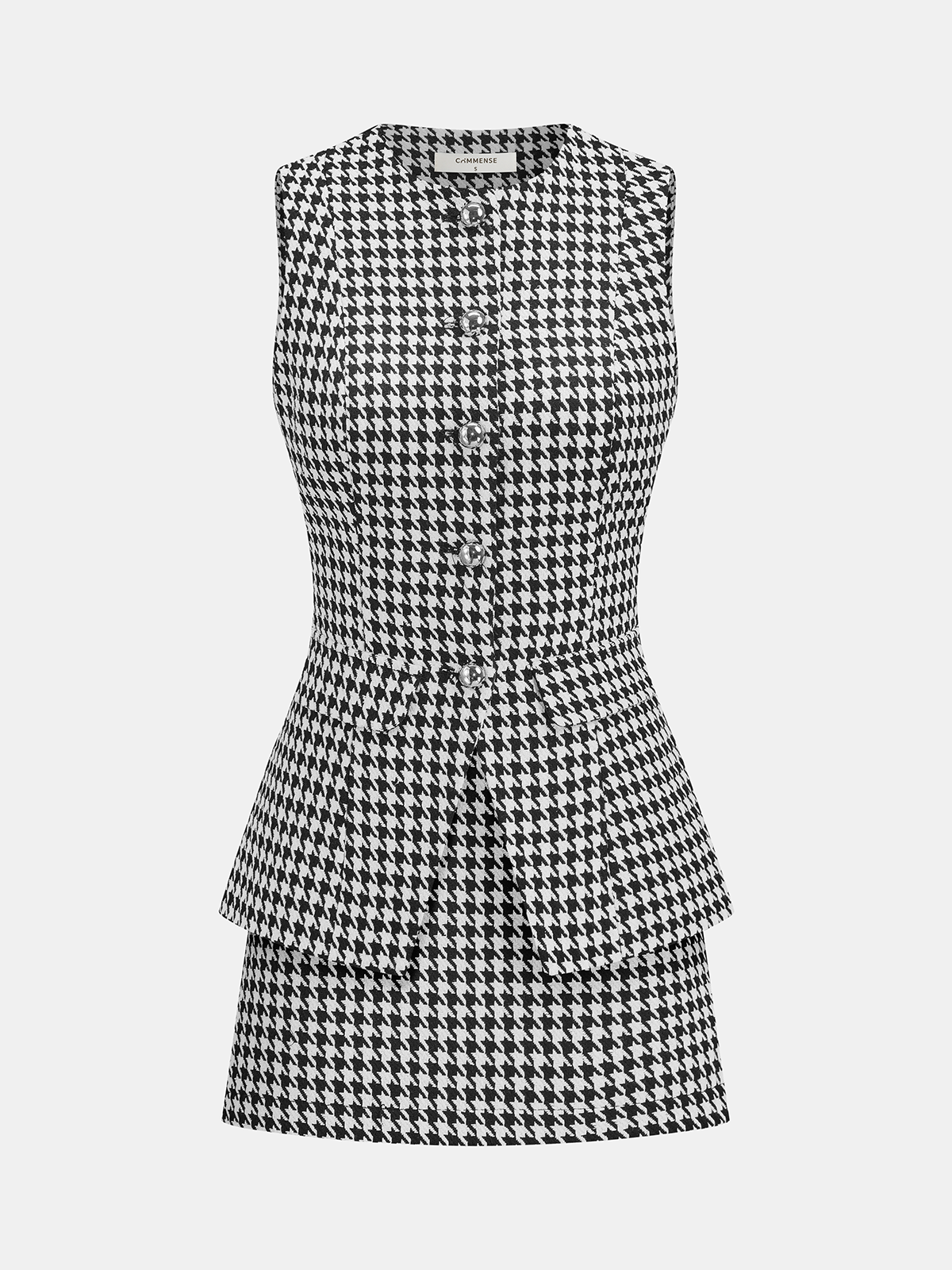 Houndstooth Buttoned Vest and Mini Skirt Set-Chicvia