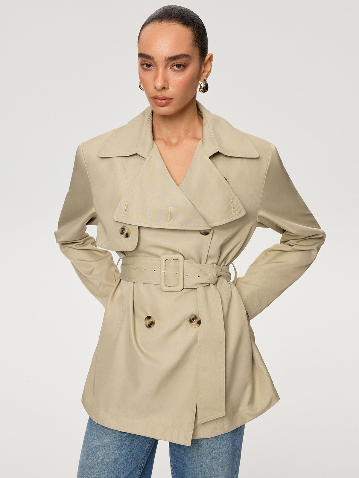 Double-Breasted Belted Trench Coat-Chicvia