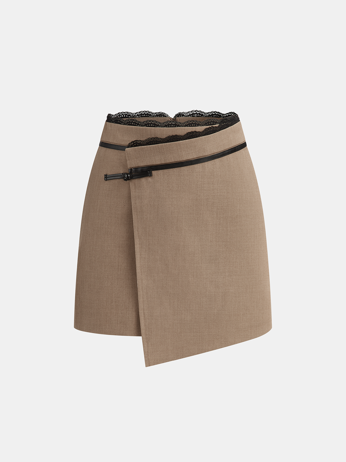 Lace Trim Faux Leather Buckle Mini Skirt-Chicvia