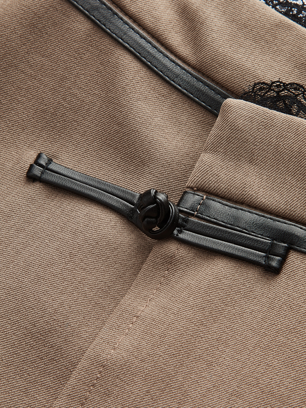 Lace Trim Faux Leather Buckle Mini Skirt-Chicvia