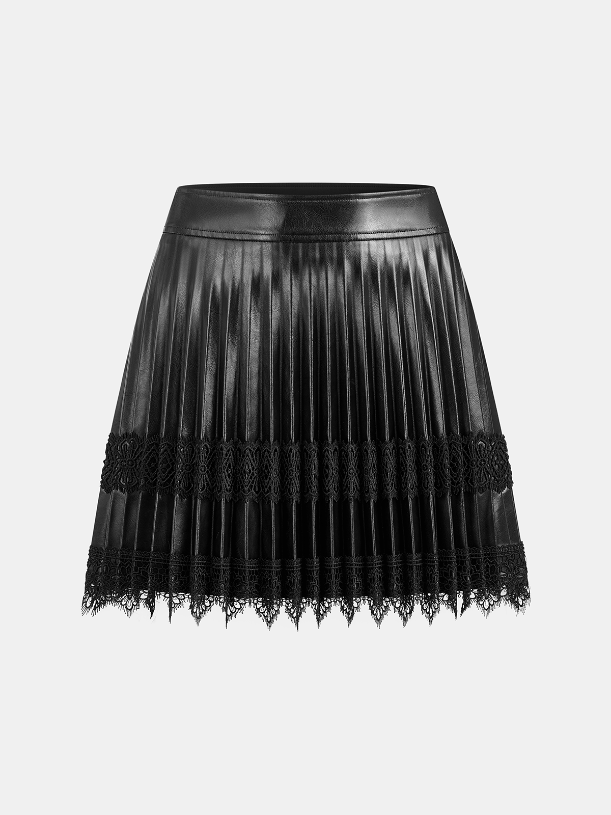 Faux Leather Pleated Lace Mini Skirt-Chicvia