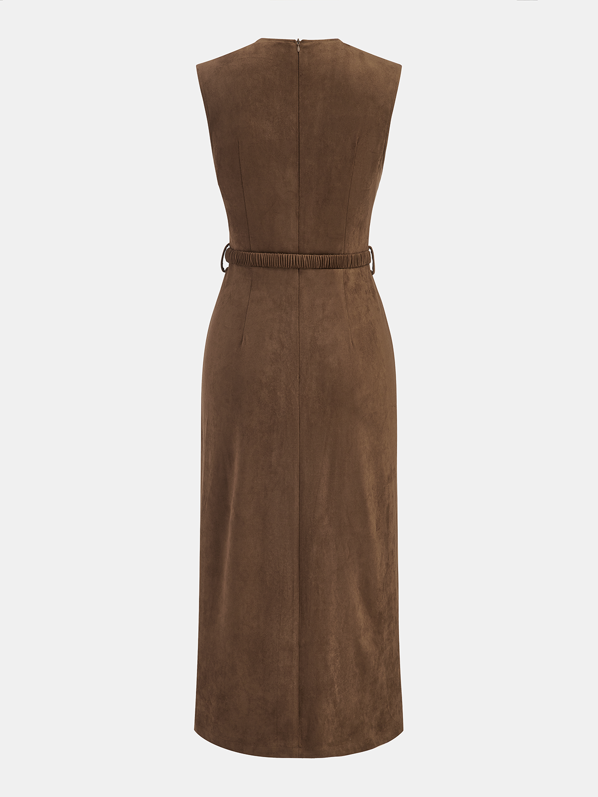 Belted Suede Effect Sleeveless Midi Dress-Chicvia