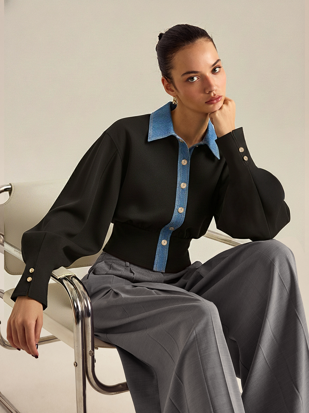 Denim Trim Buttoned Sweater-Chicvia