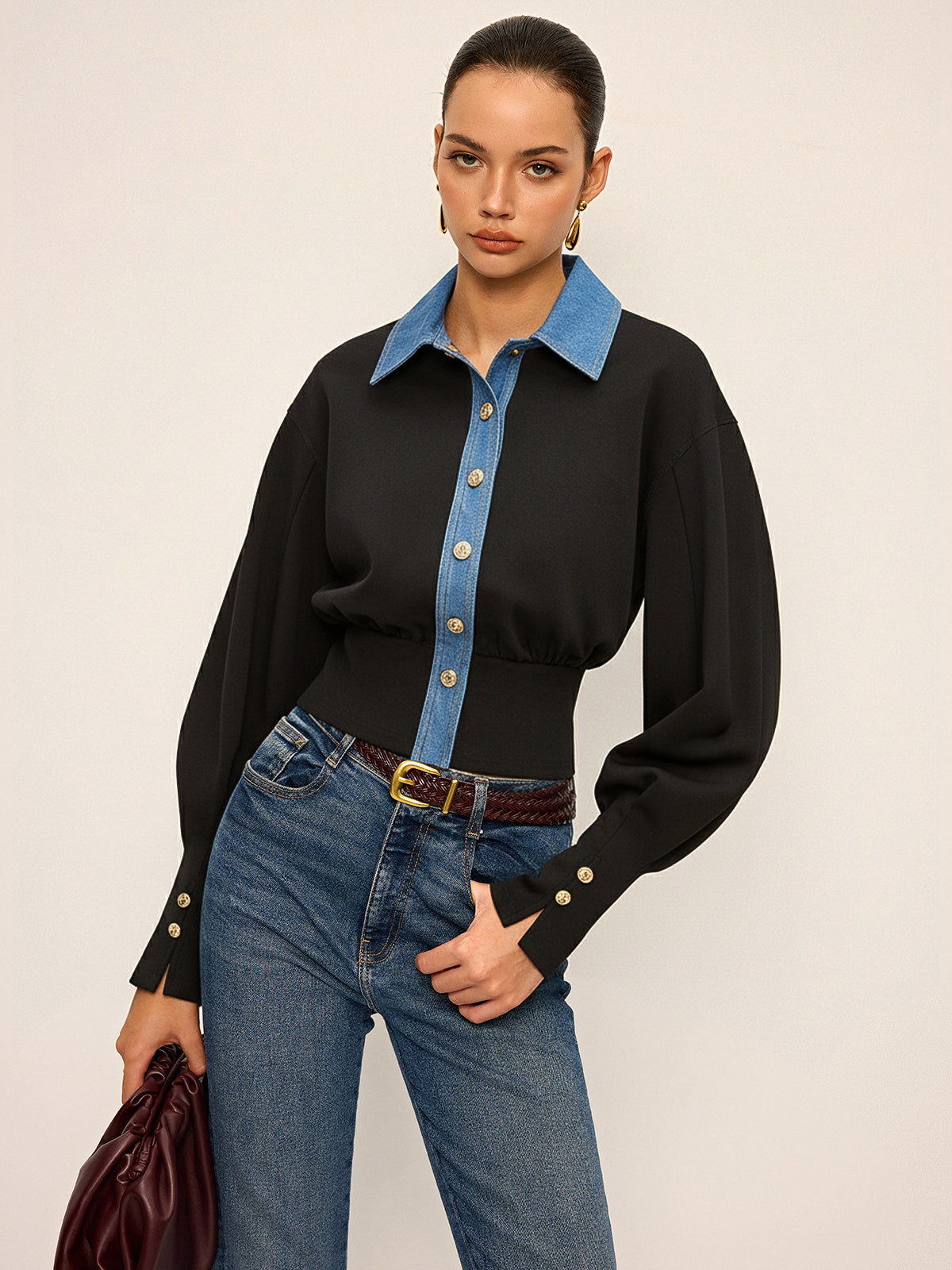 Denim Trim Buttoned Sweater-Chicvia