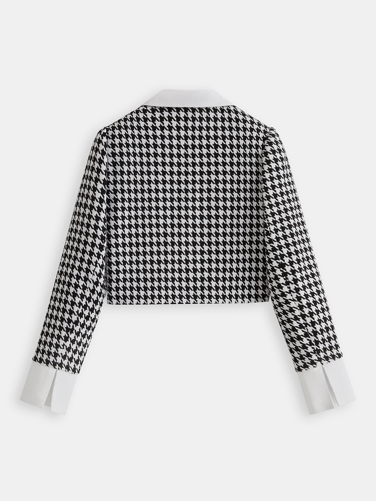 Contrast Collar Houndstooth Tweed Jacket-Chicvia