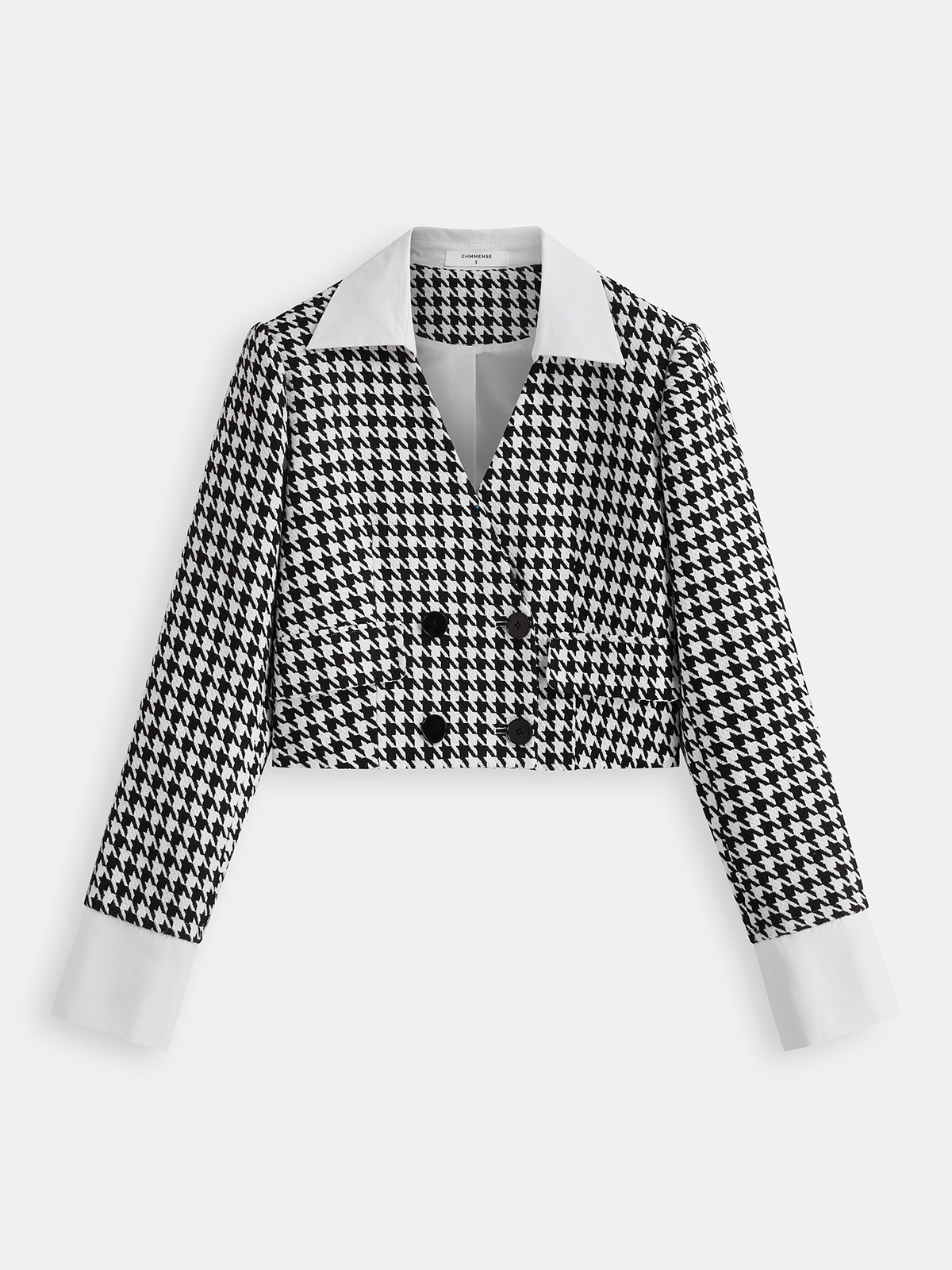 Contrast Collar Houndstooth Tweed Jacket-Chicvia