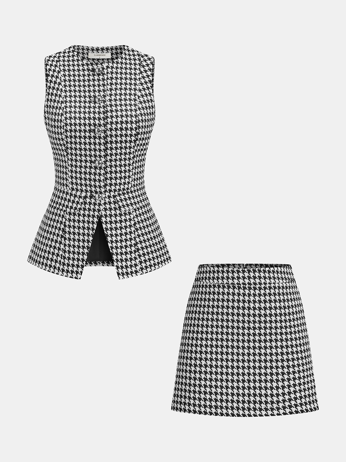 Houndstooth Buttoned Vest and Mini Skirt Set-Chicvia