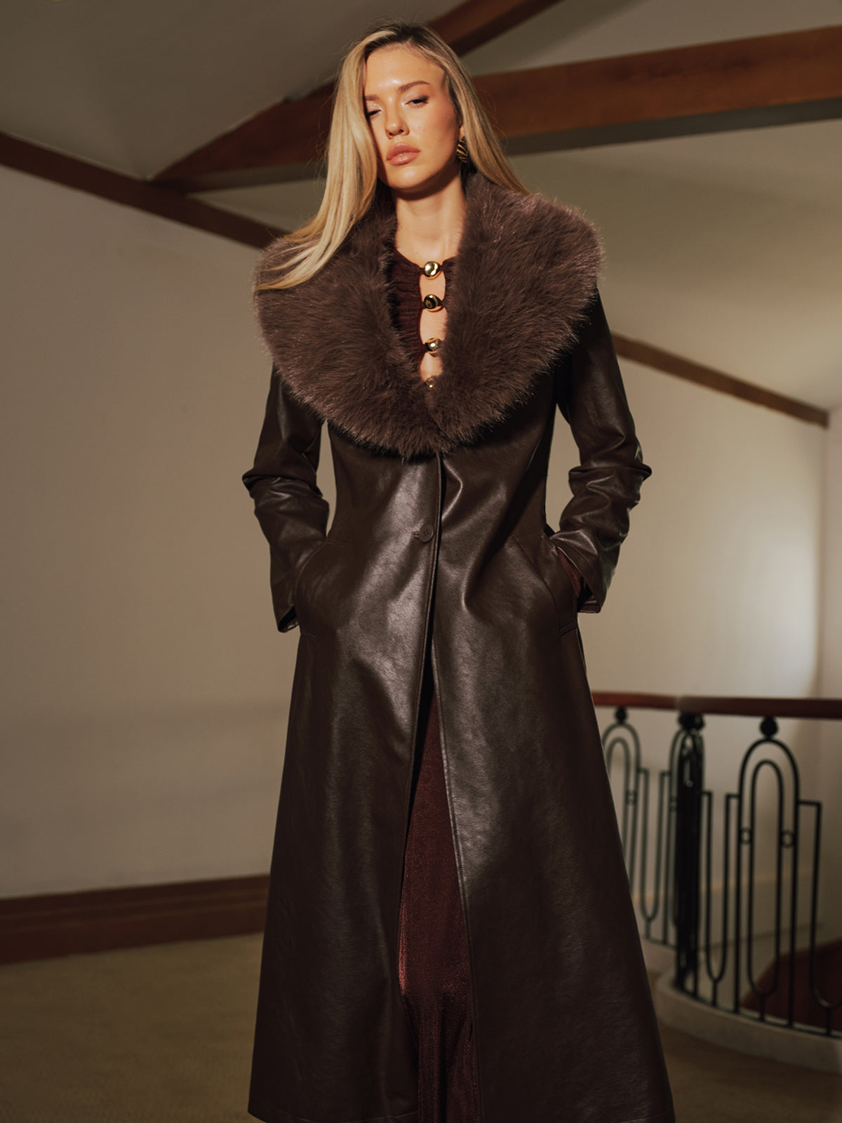 Faux Fur Collar Faux Leather Long Coat-Chicvia