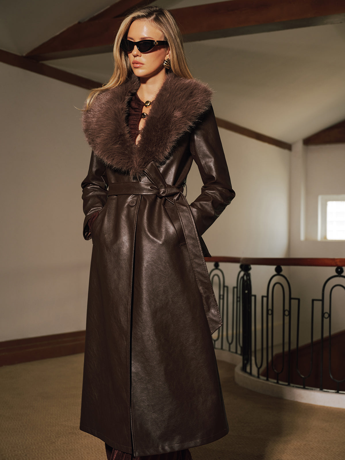 Faux Fur Collar Faux Leather Long Coat-Chicvia