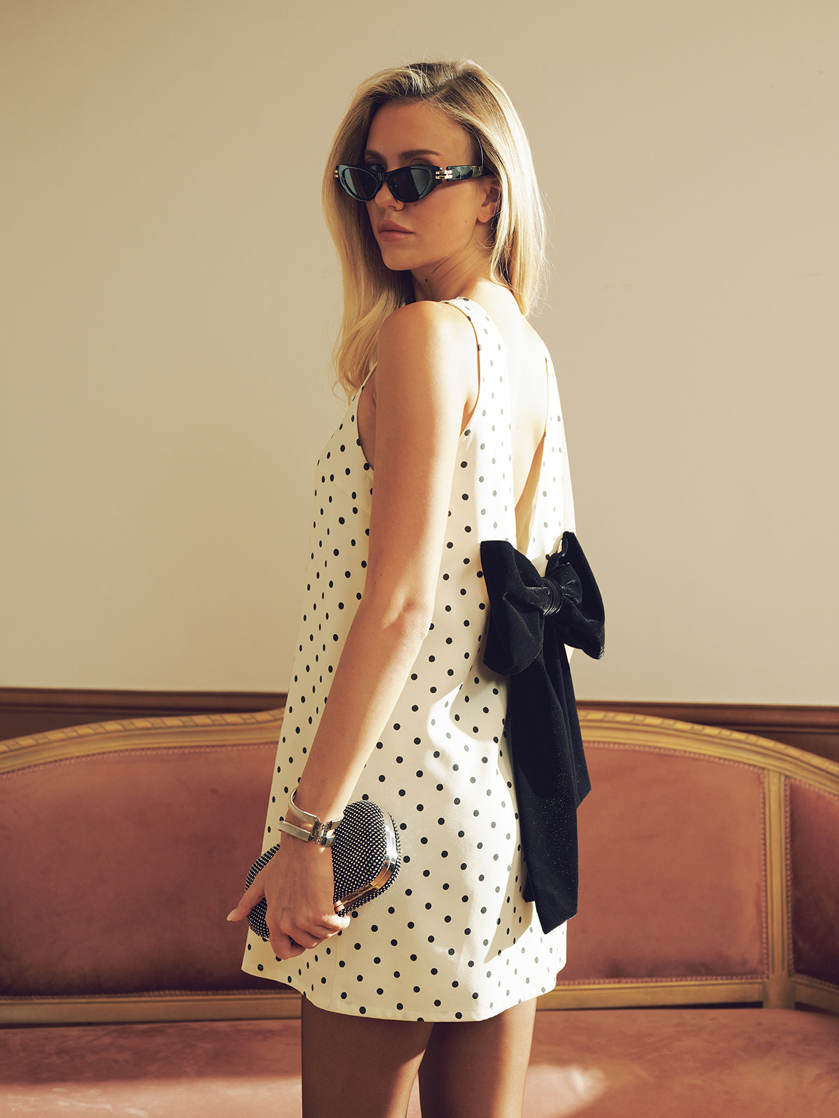 Polka Dot Mini Dress with Back Bow Detail-Chicvia
