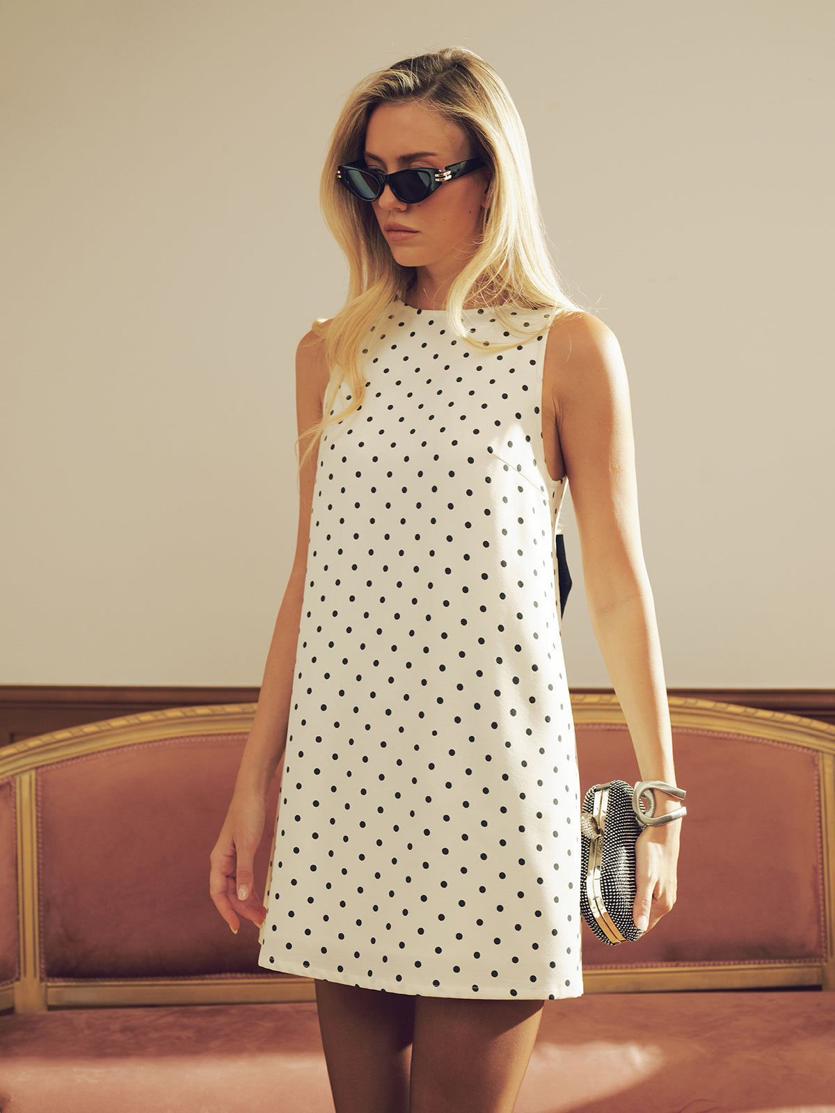 Polka Dot Mini Dress with Back Bow Detail-Chicvia