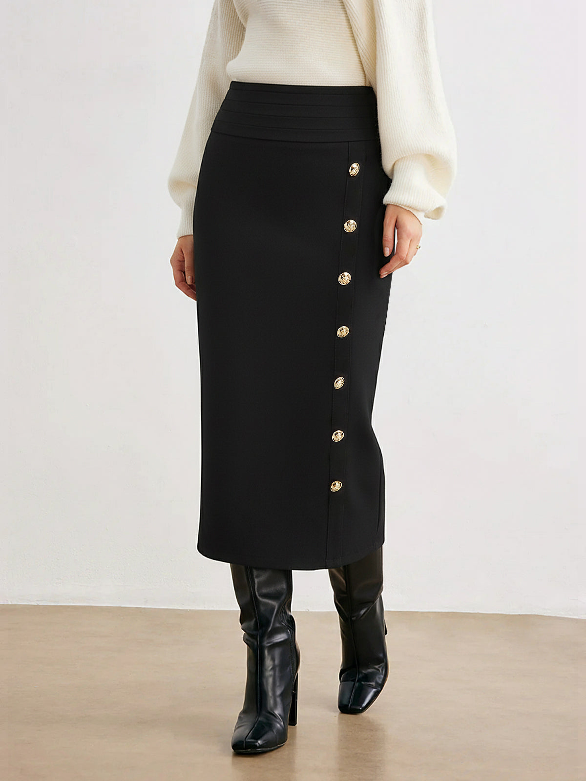 Metal Decor Midi Pencil Skirt-Chicvia