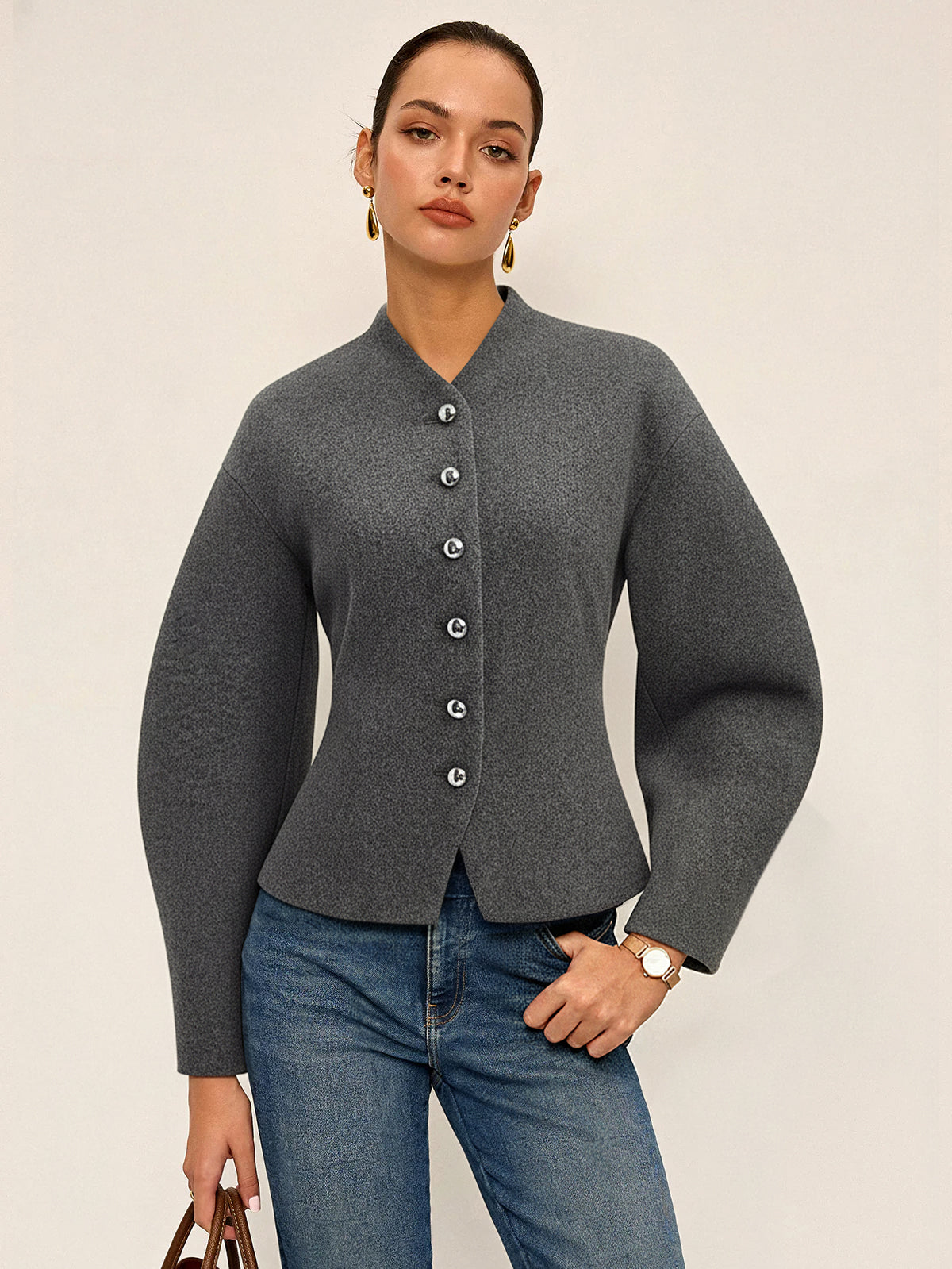 Curved Sleeve Tweed Jacket-Chicvia