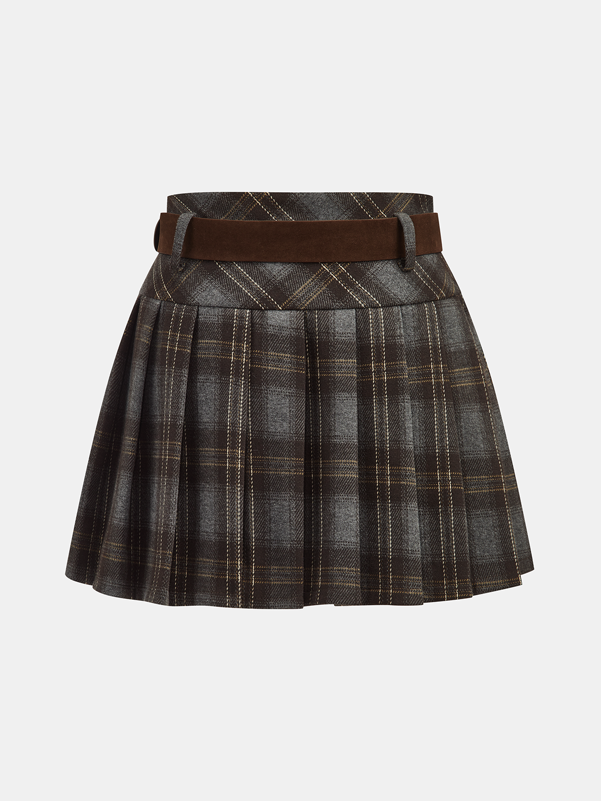 Belted Plaid Pleated Mini Skirt-Chicvia