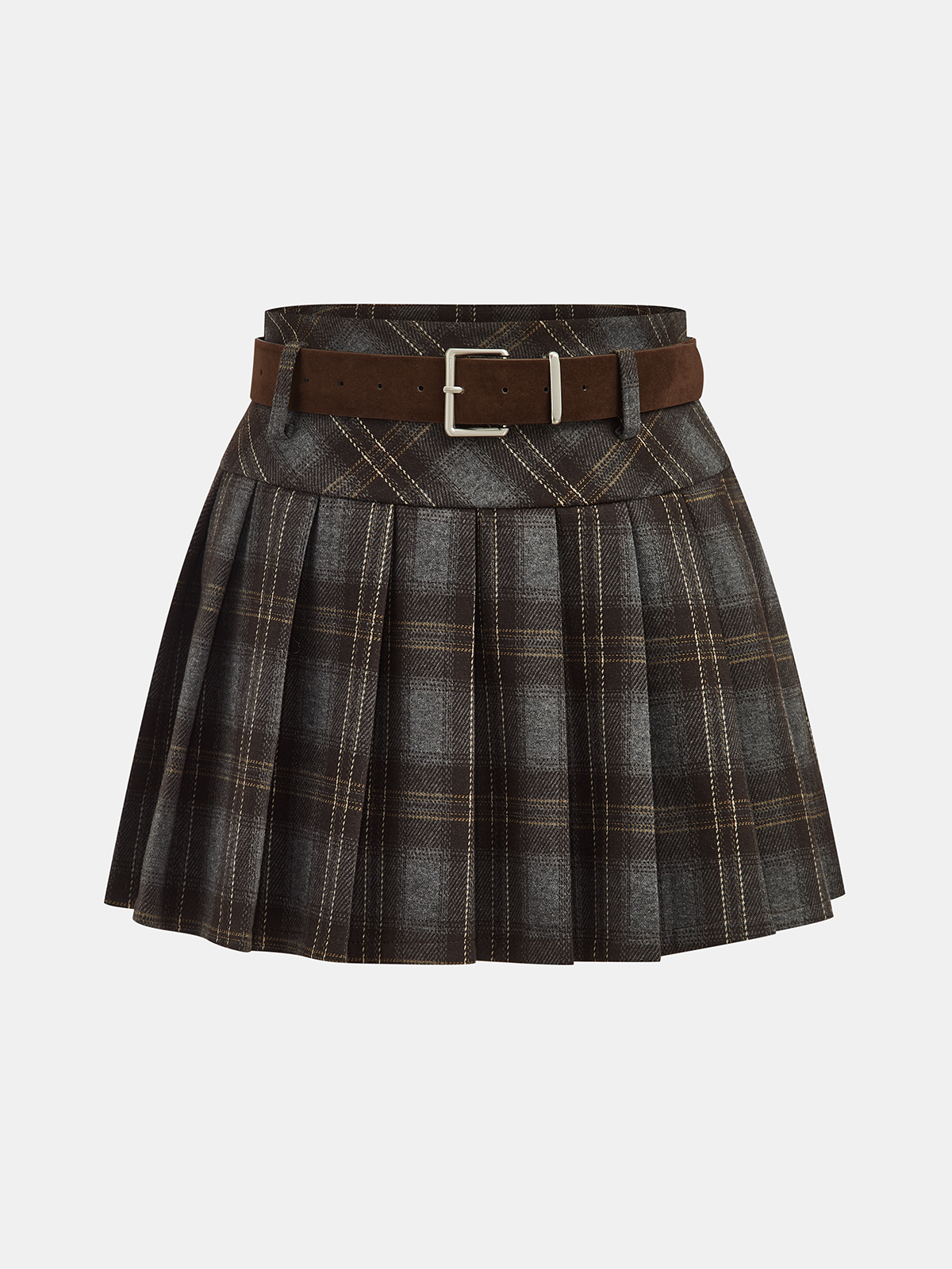 Belted Plaid Pleated Mini Skirt-Chicvia