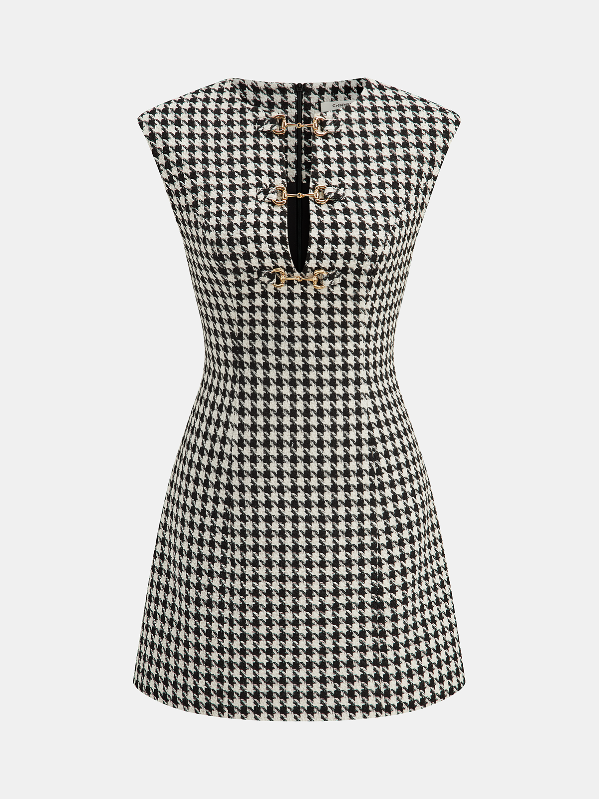 Houndstooth Tweed Mini Dress with Horsebit Detail-Chicvia
