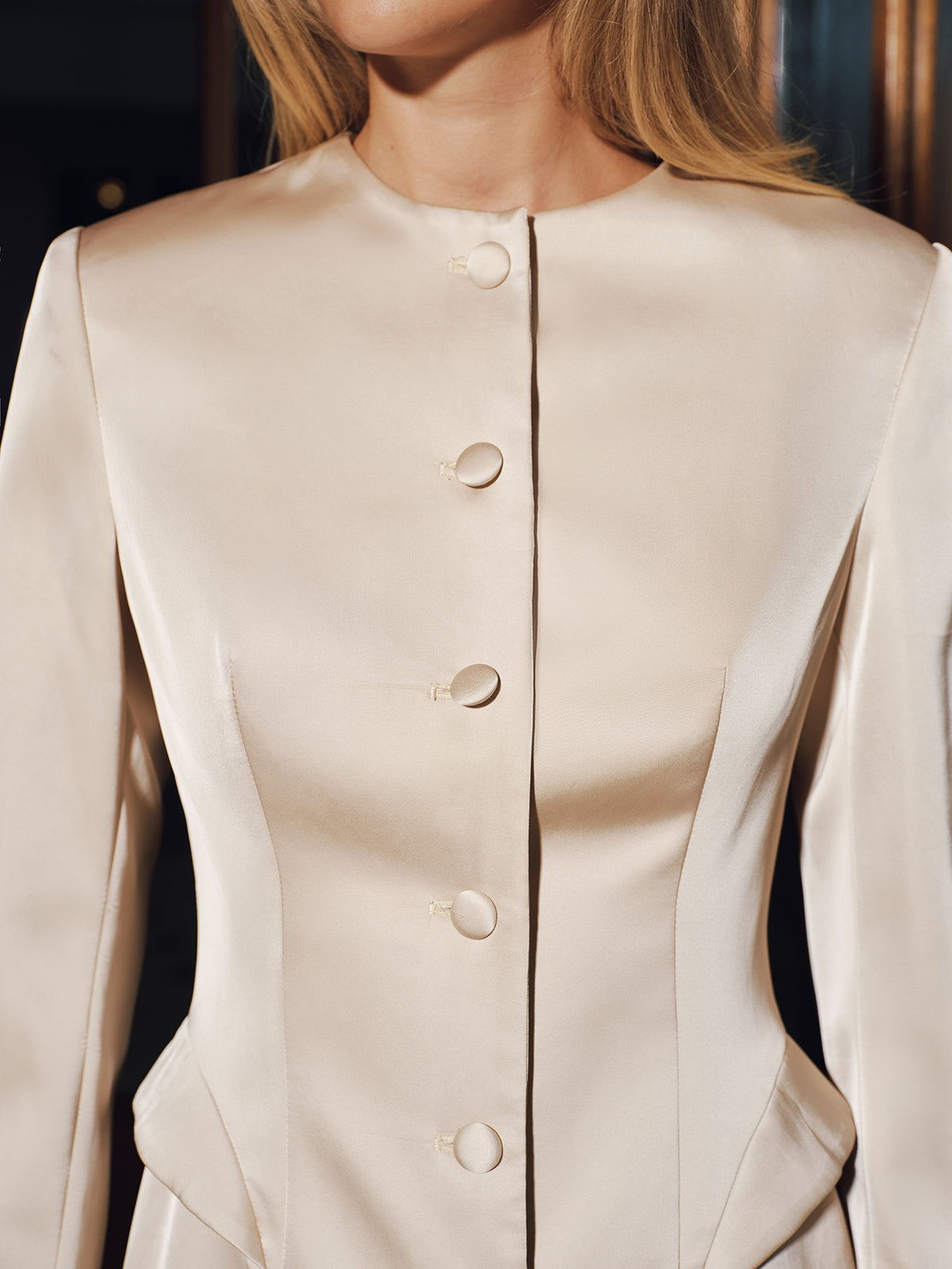 Button-Front Satin Mini Blazer Dress-Chicvia