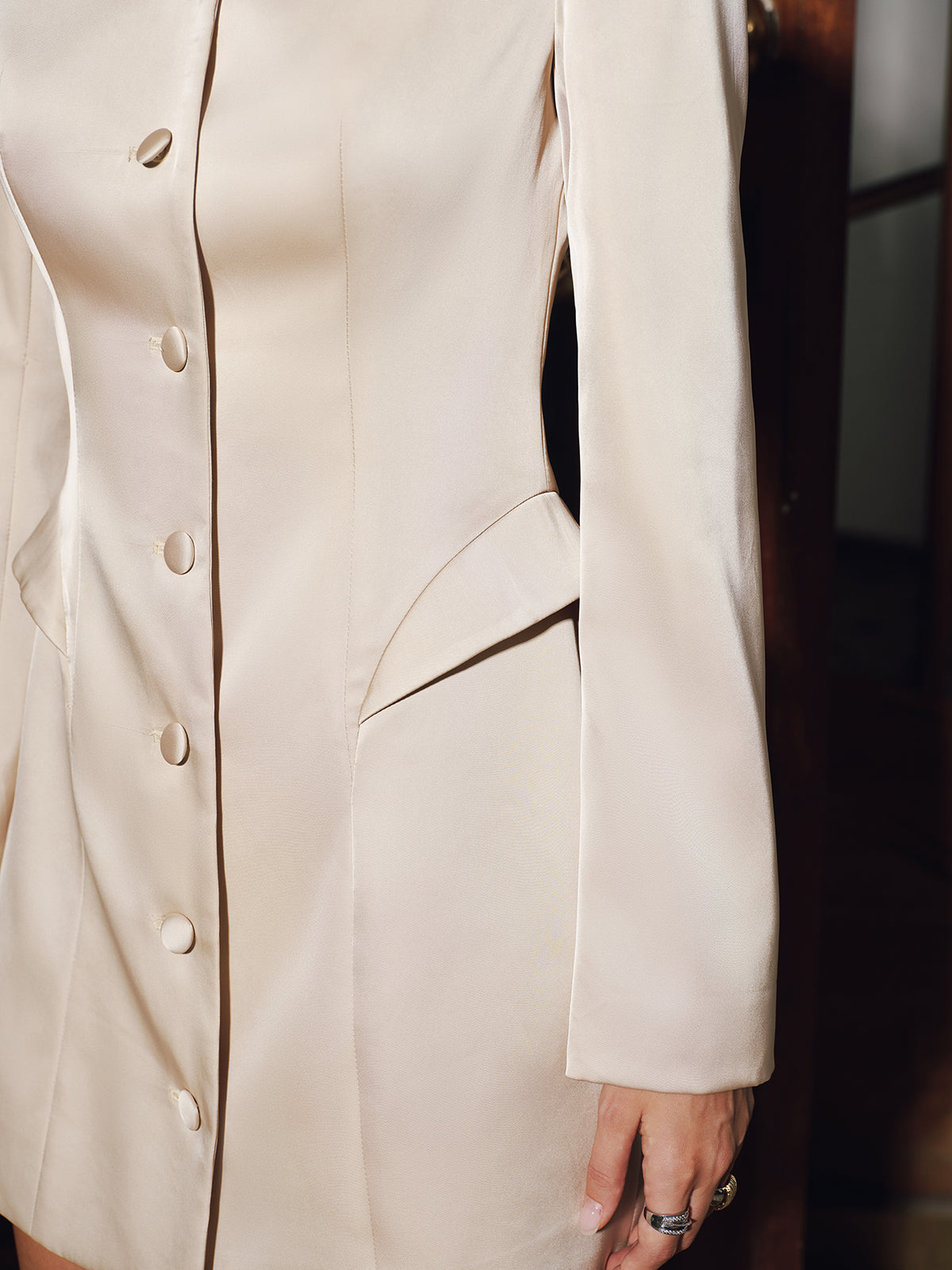 Button-Front Satin Mini Blazer Dress-Chicvia