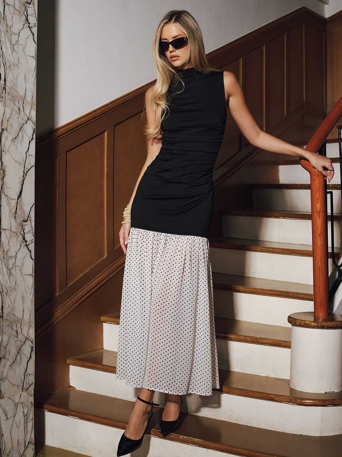 Polka Dot Hem Panel Sleeveless Ruched Maxi Dress-Chicvia