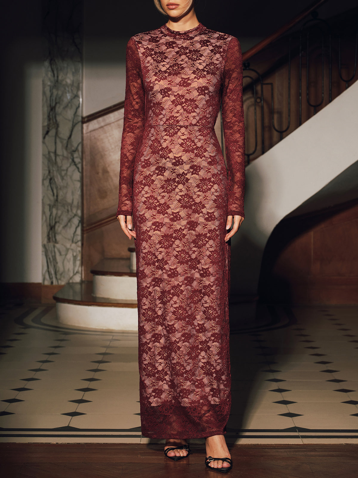 Lace Long Sleeve Fitted Backless Maxi Dress-Chicvia