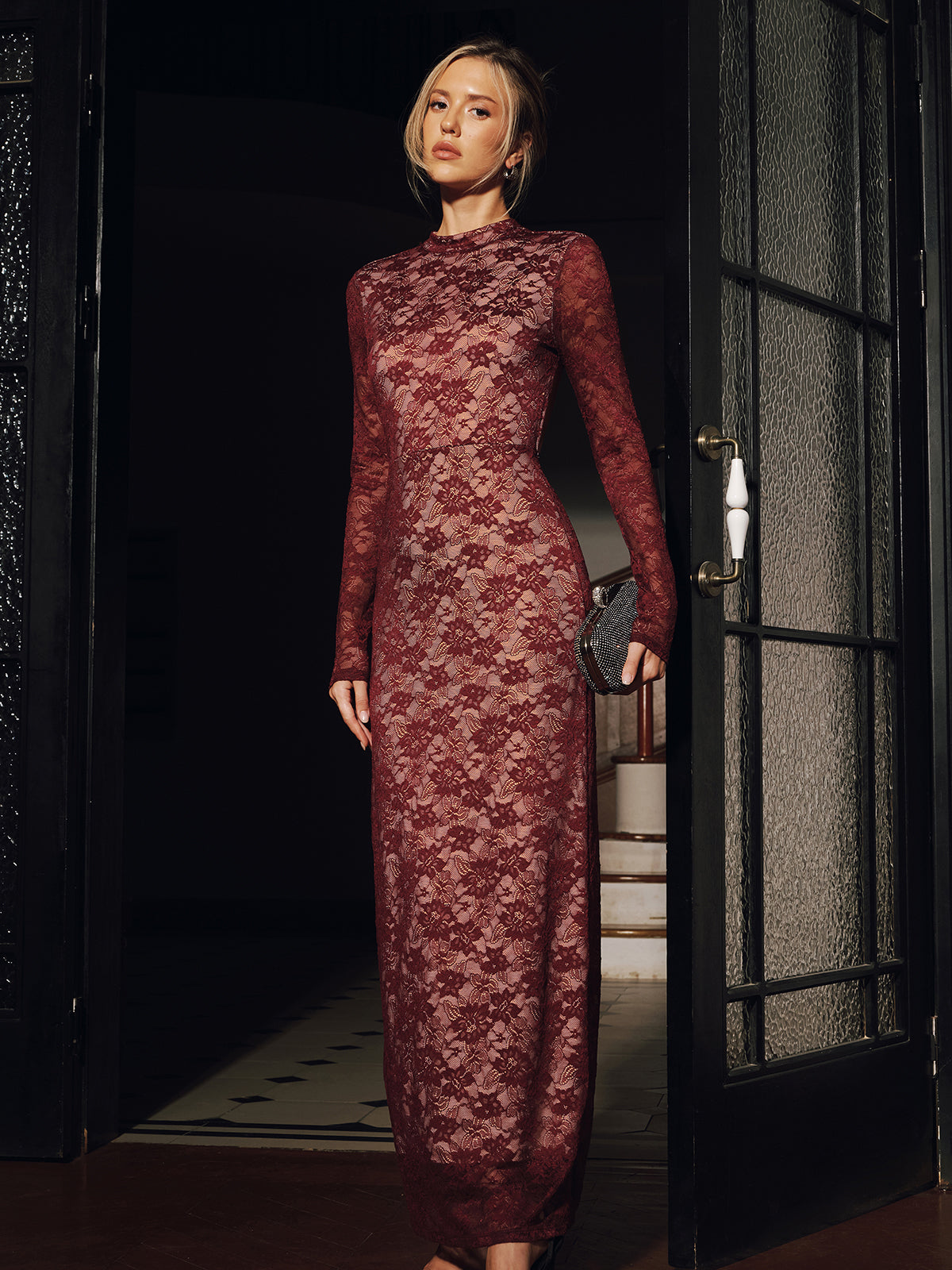 Lace Long Sleeve Fitted Backless Maxi Dress-Chicvia