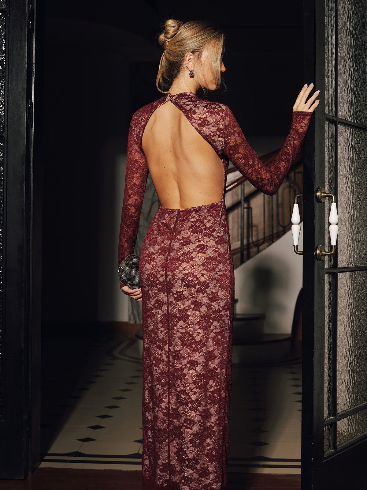 Lace Long Sleeve Fitted Backless Maxi Dress-Chicvia