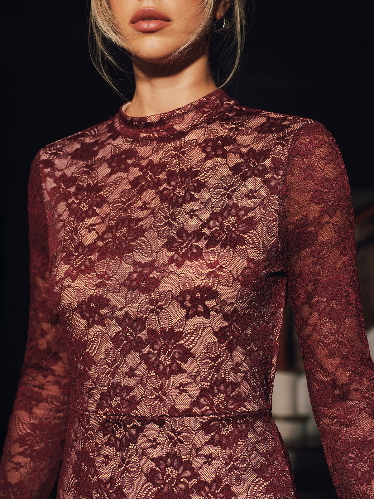 Lace Long Sleeve Fitted Backless Maxi Dress-Chicvia