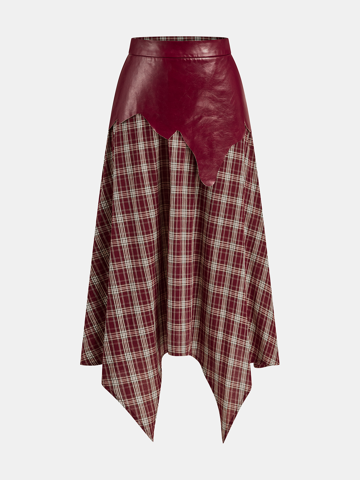 Faux Leather Panel Asymmetric Plaid Midi Skirt-Chicvia