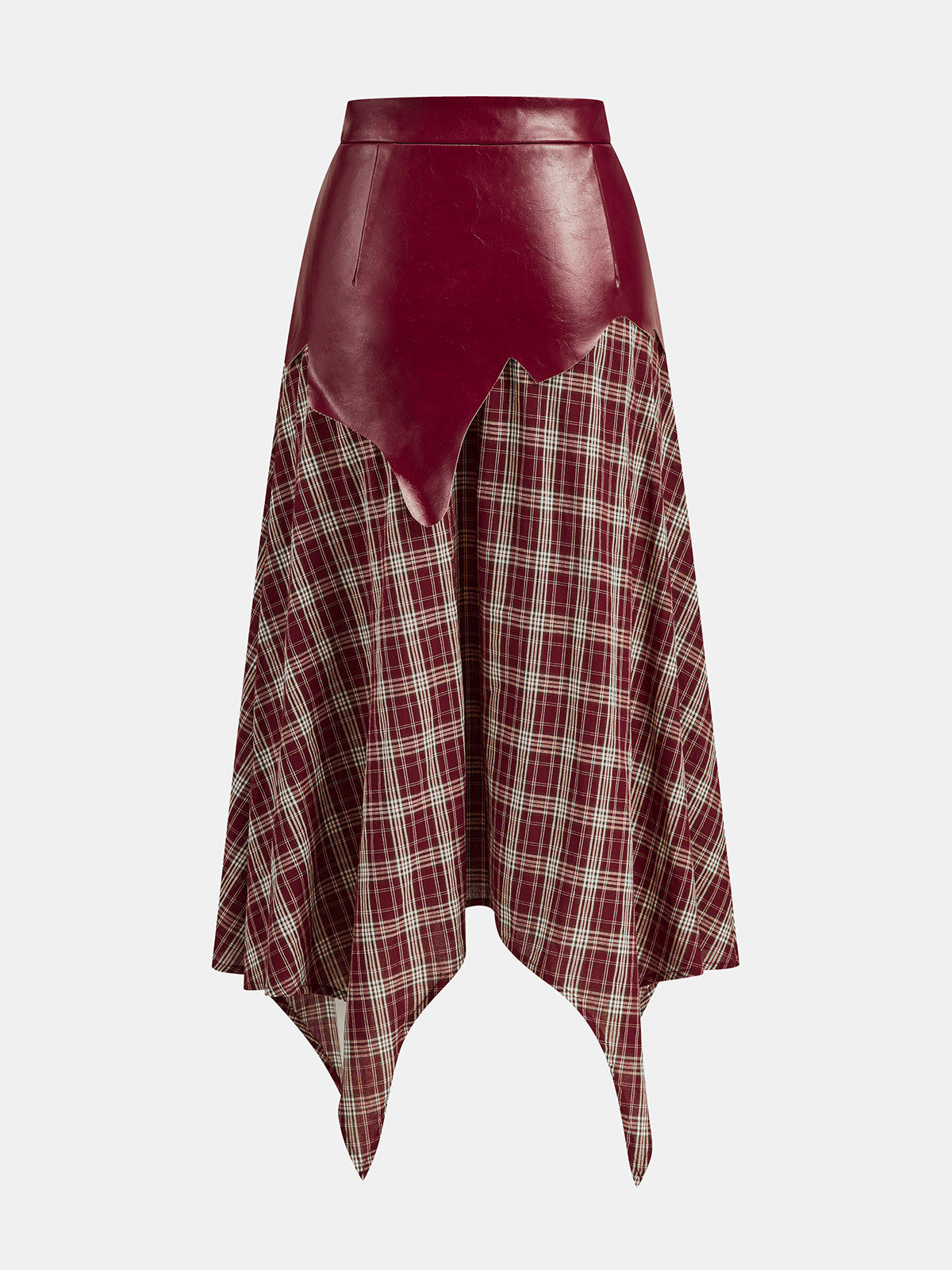 Faux Leather Panel Asymmetric Plaid Midi Skirt-Chicvia