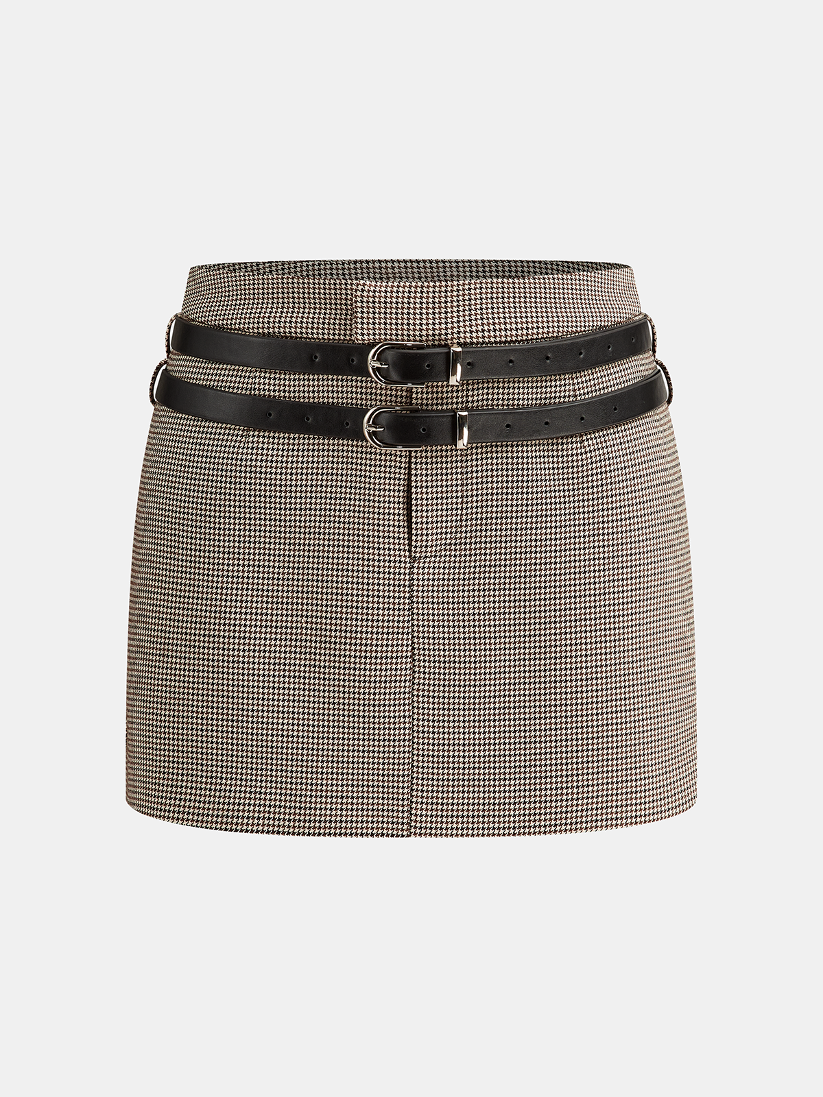 Houndstooth Mini Skirt with Double Belt-Chicvia