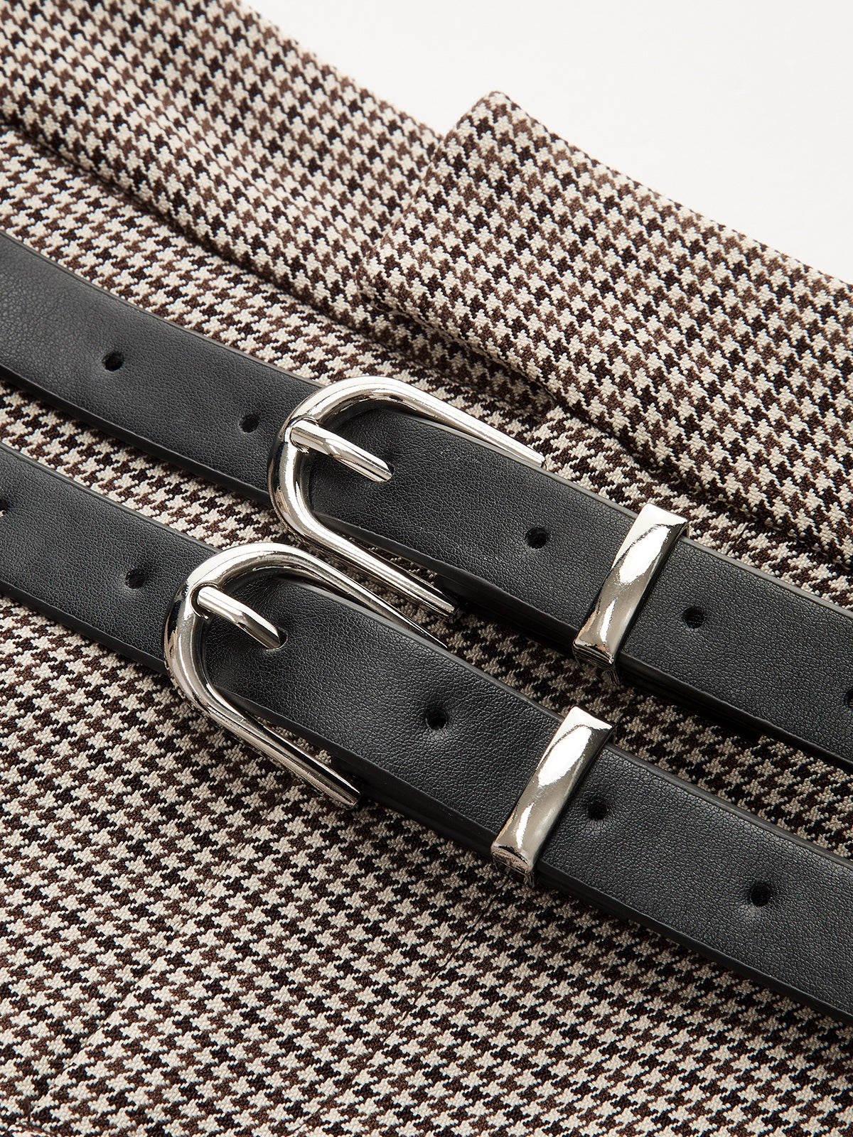 Houndstooth Mini Skirt with Double Belt-Chicvia
