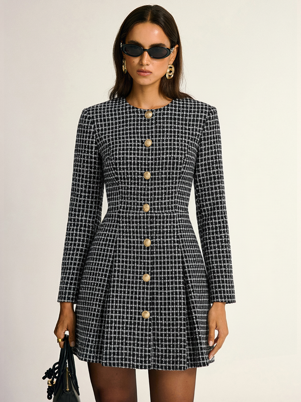 Plaid Metal Button A-Line Mini Dress-Chicvia