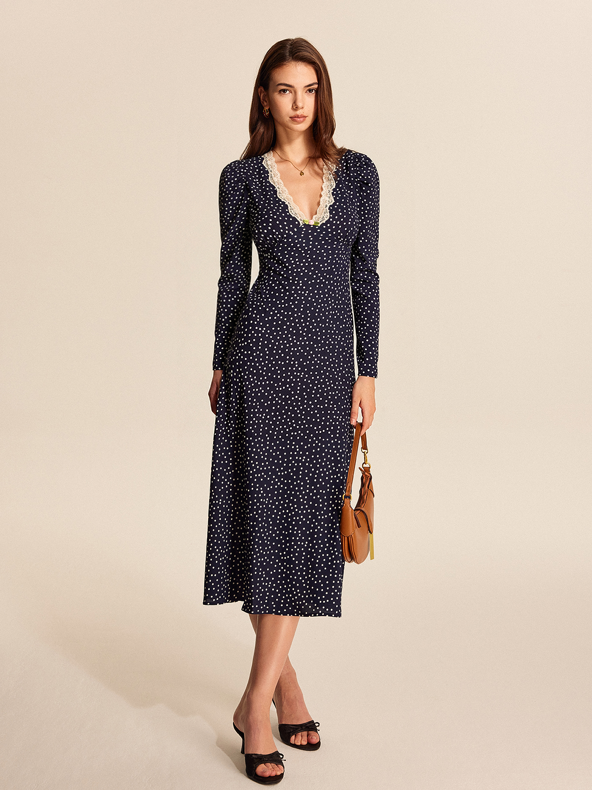 Polka Dot Lace Trim V-Neck Maxi Dress-Chicvia