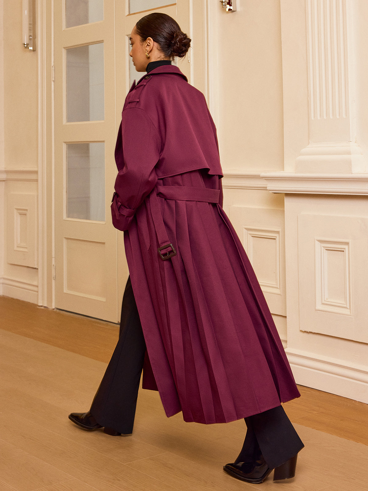 Pleated Hem Belted Trench Coat-Chicvia