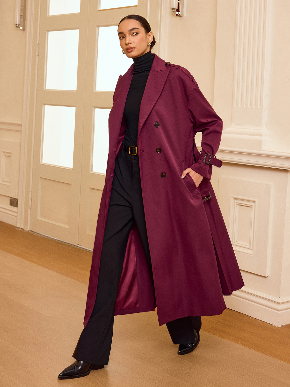 Pleated Hem Belted Trench Coat-Chicvia