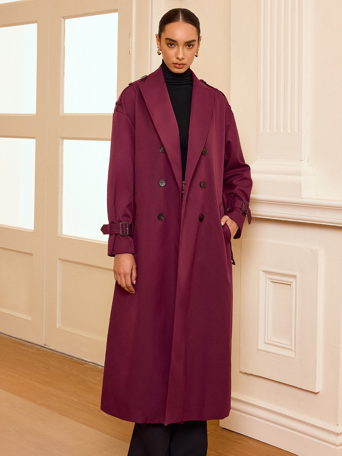 Pleated Hem Belted Trench Coat-Chicvia