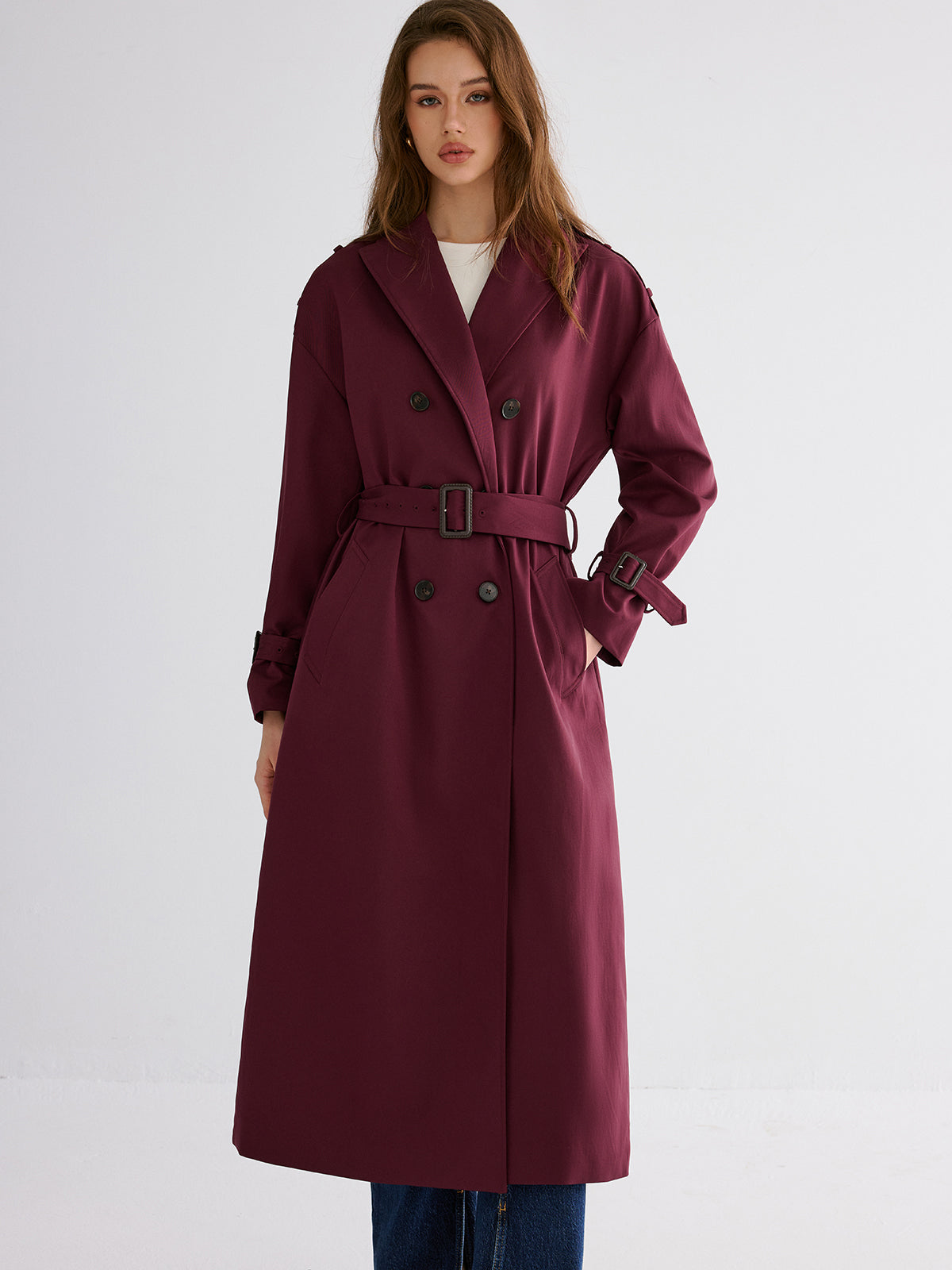 Pleated Hem Belted Trench Coat-Chicvia