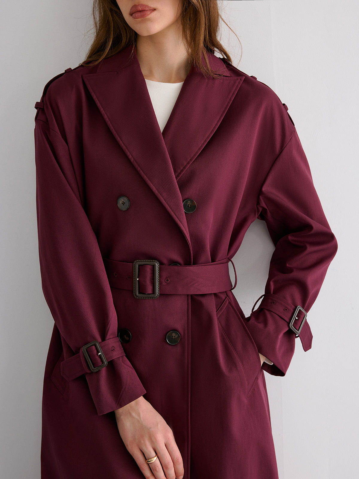 Pleated Hem Belted Trench Coat-Chicvia