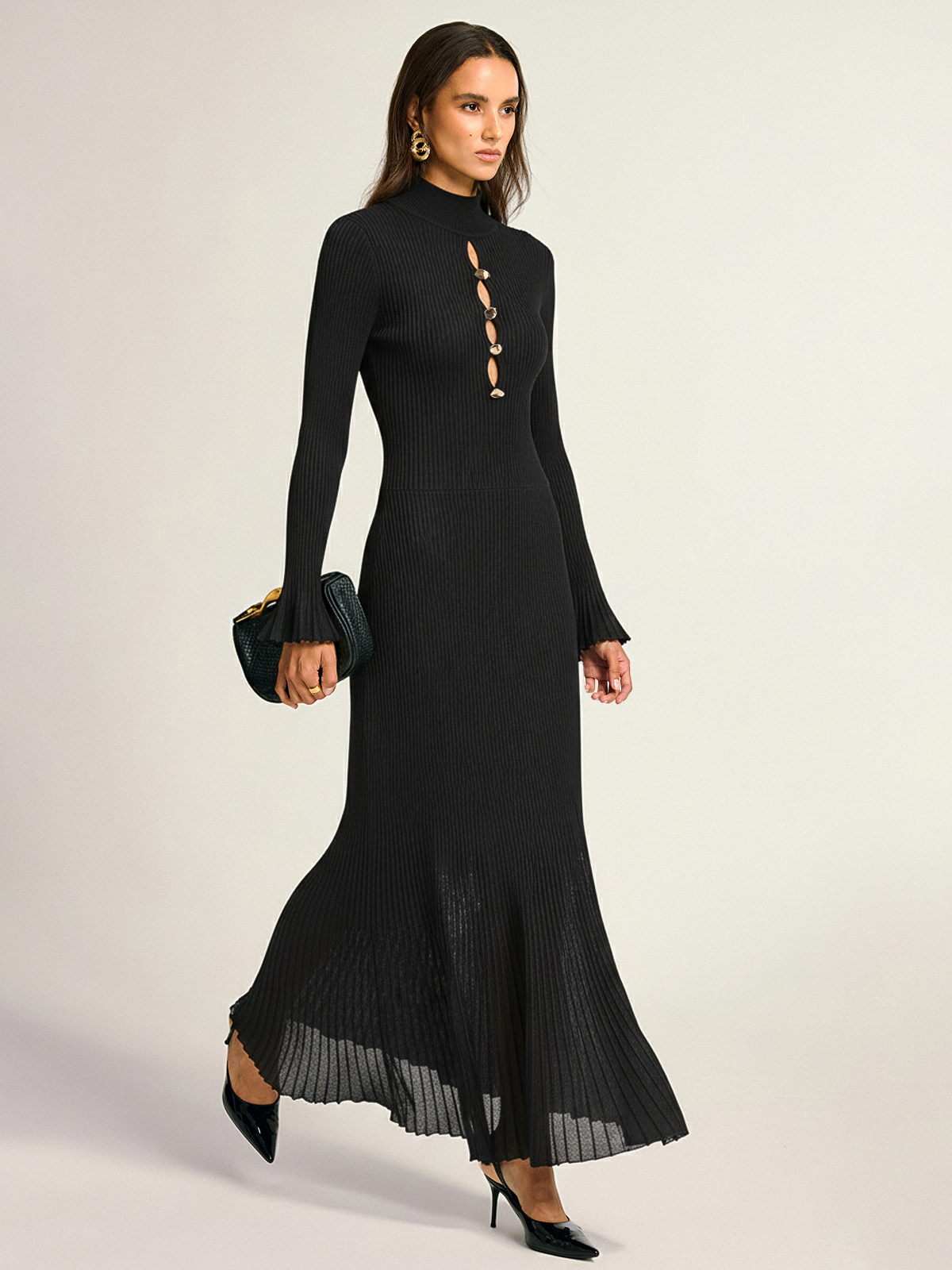Metal Detail Cut-Out Ribbed Knit Maxi Dress-Chicvia