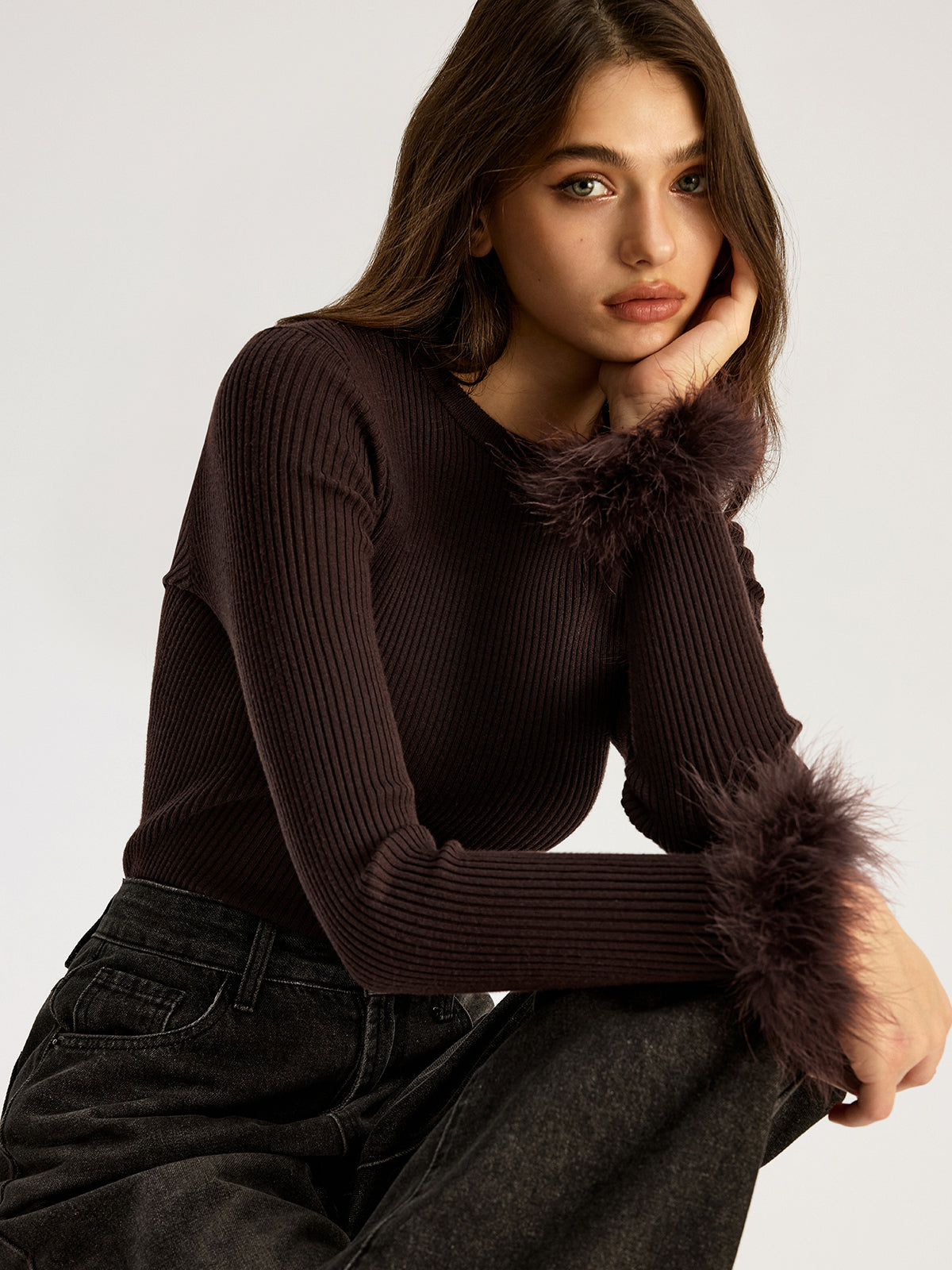 Faux Fur Cuff Ribbed Knit Top-Chicvia