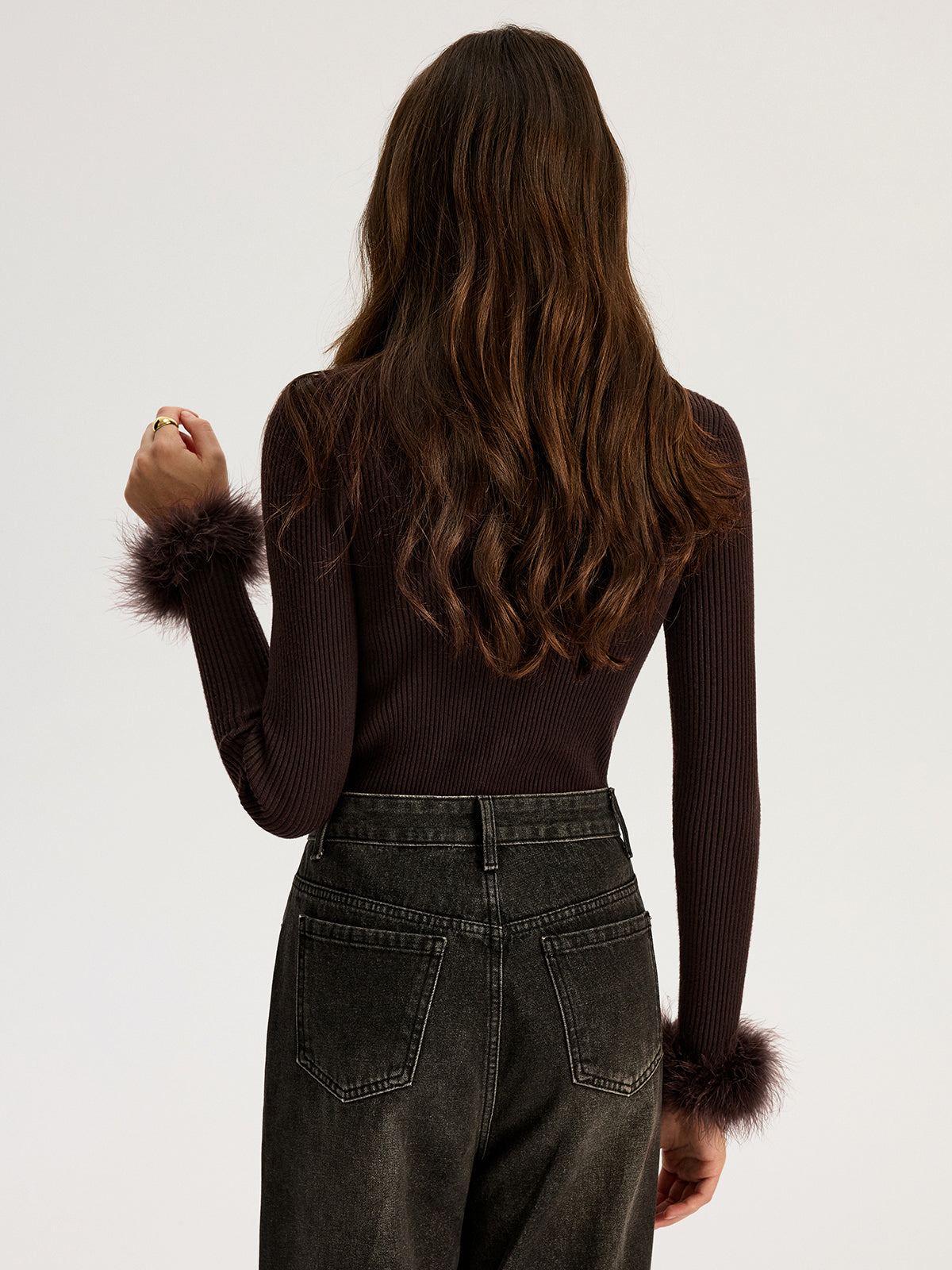 Faux Fur Cuff Ribbed Knit Top-Chicvia