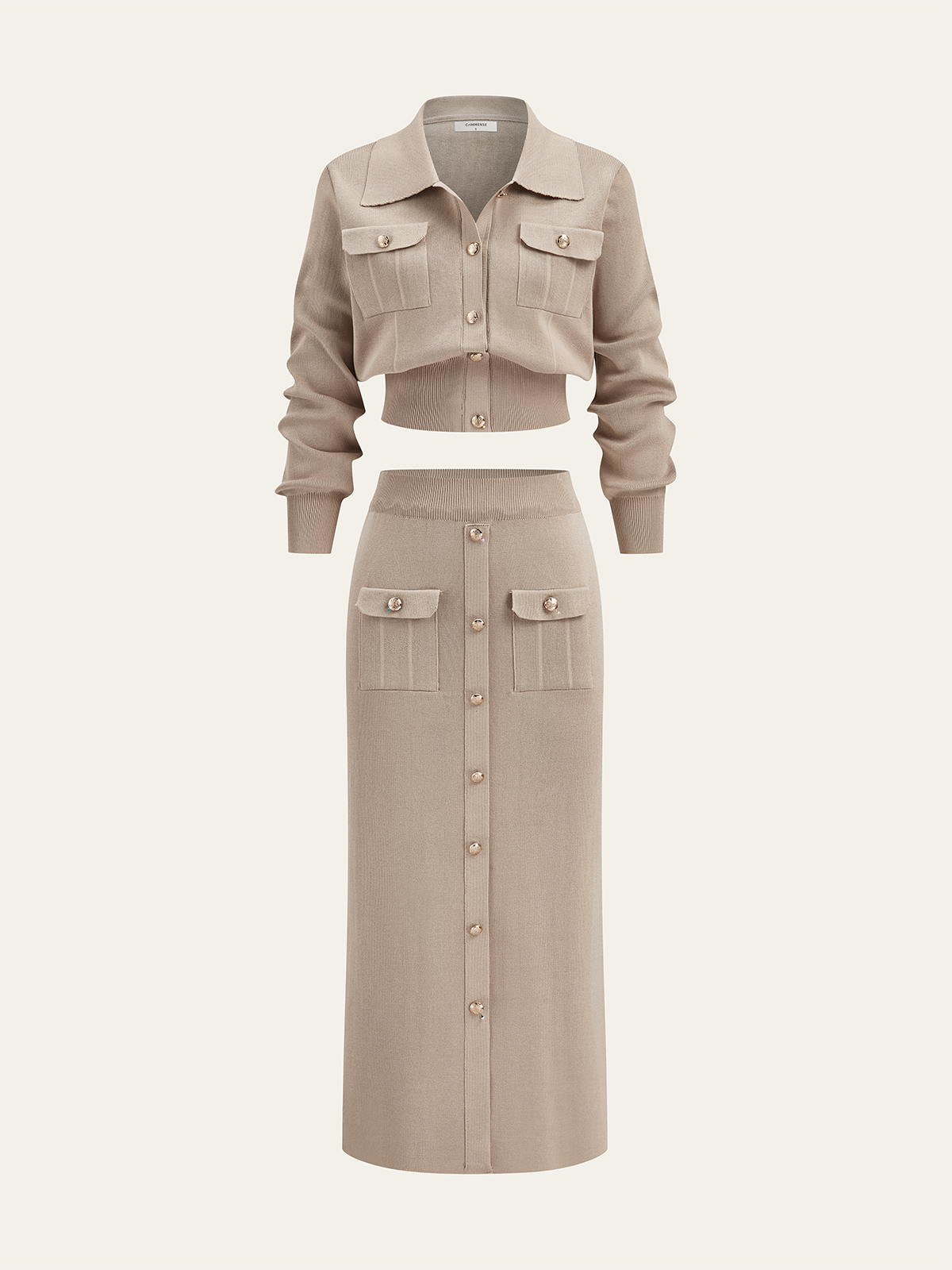 Metal Button Collared Cardigan and Midi Skirt Set-Chicvia