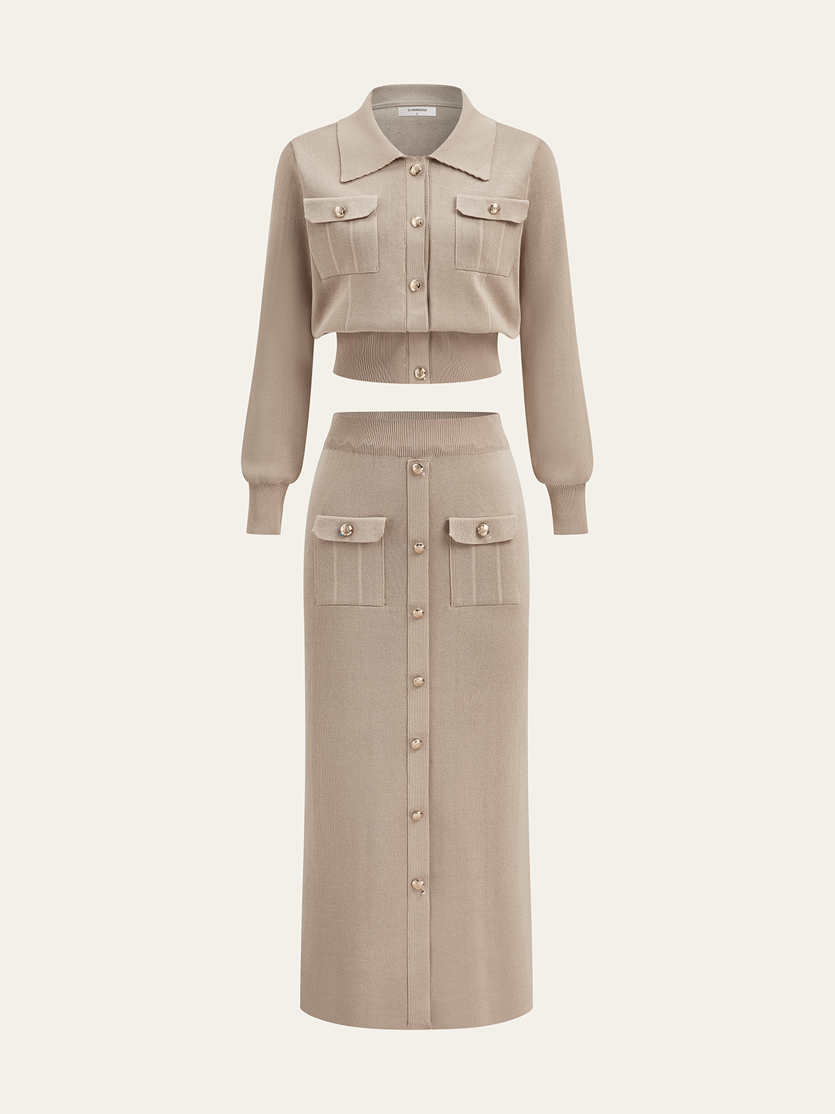 Metal Button Collared Cardigan and Midi Skirt Set-Chicvia