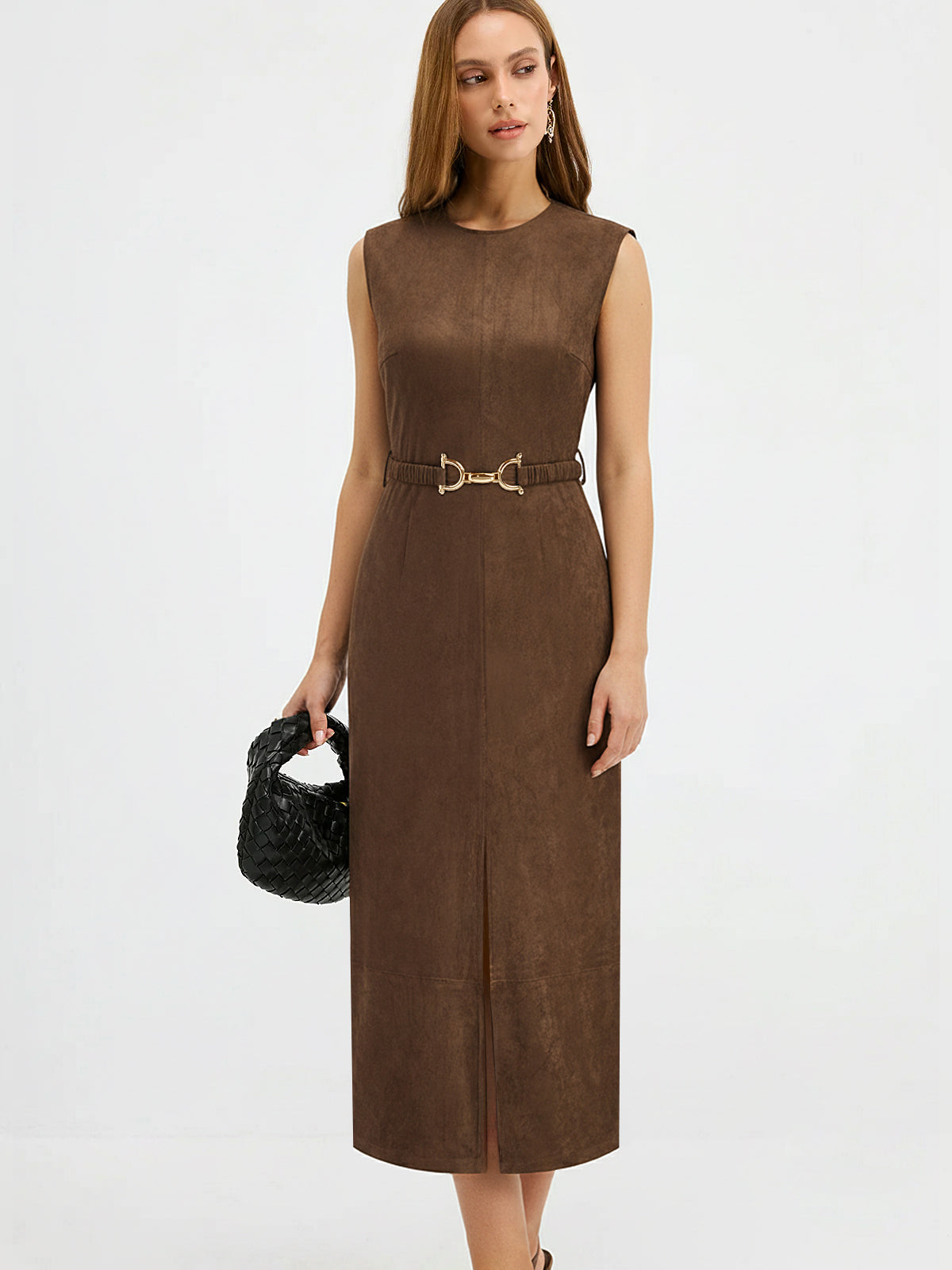 Belted Suede Effect Sleeveless Midi Dress-Chicvia