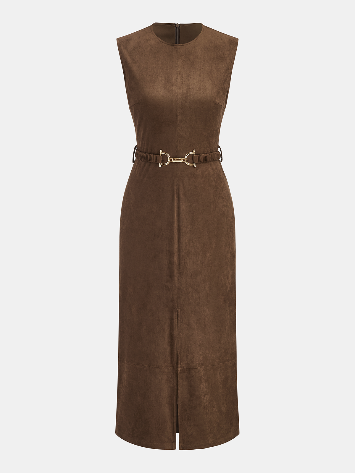 Belted Suede Effect Sleeveless Midi Dress-Chicvia